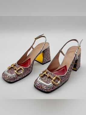 Gucci Baby Horsebit Multicolor Glittered Leather Slingback Block Heel Pumps EU38